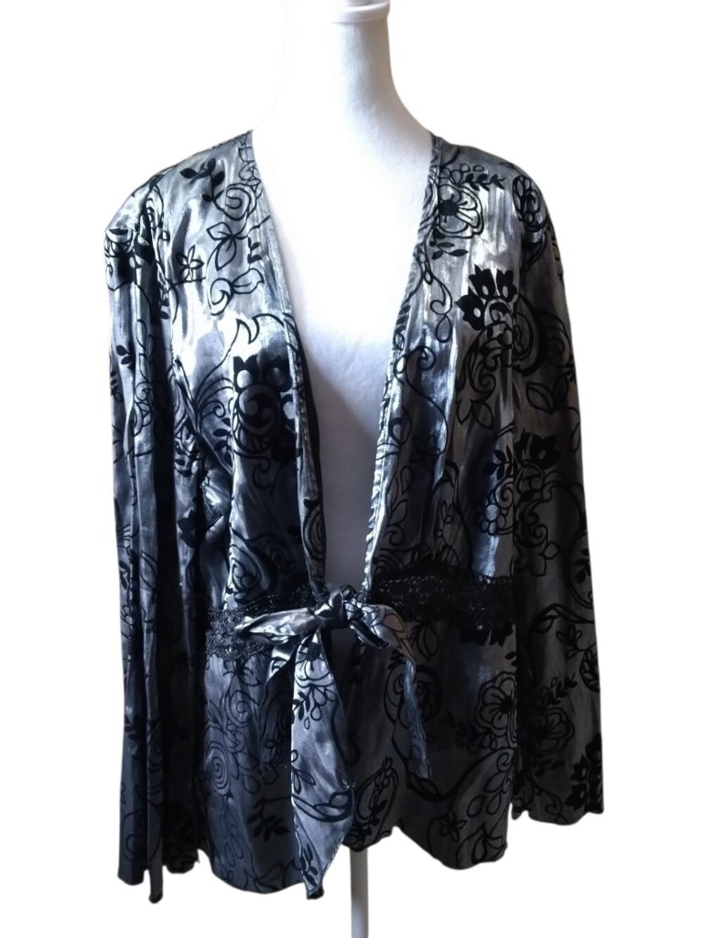 Velvet Burnout Women's 3X Shimmery Satin Tie Front Jacket Top Floral Whimigoth